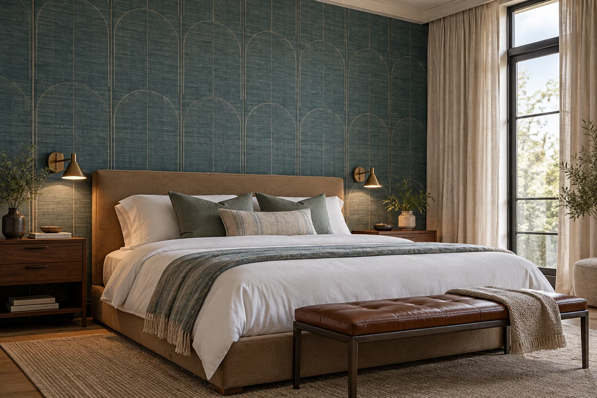 A hotel guestroom with a blue-green patterned wallcovering behind the bed.