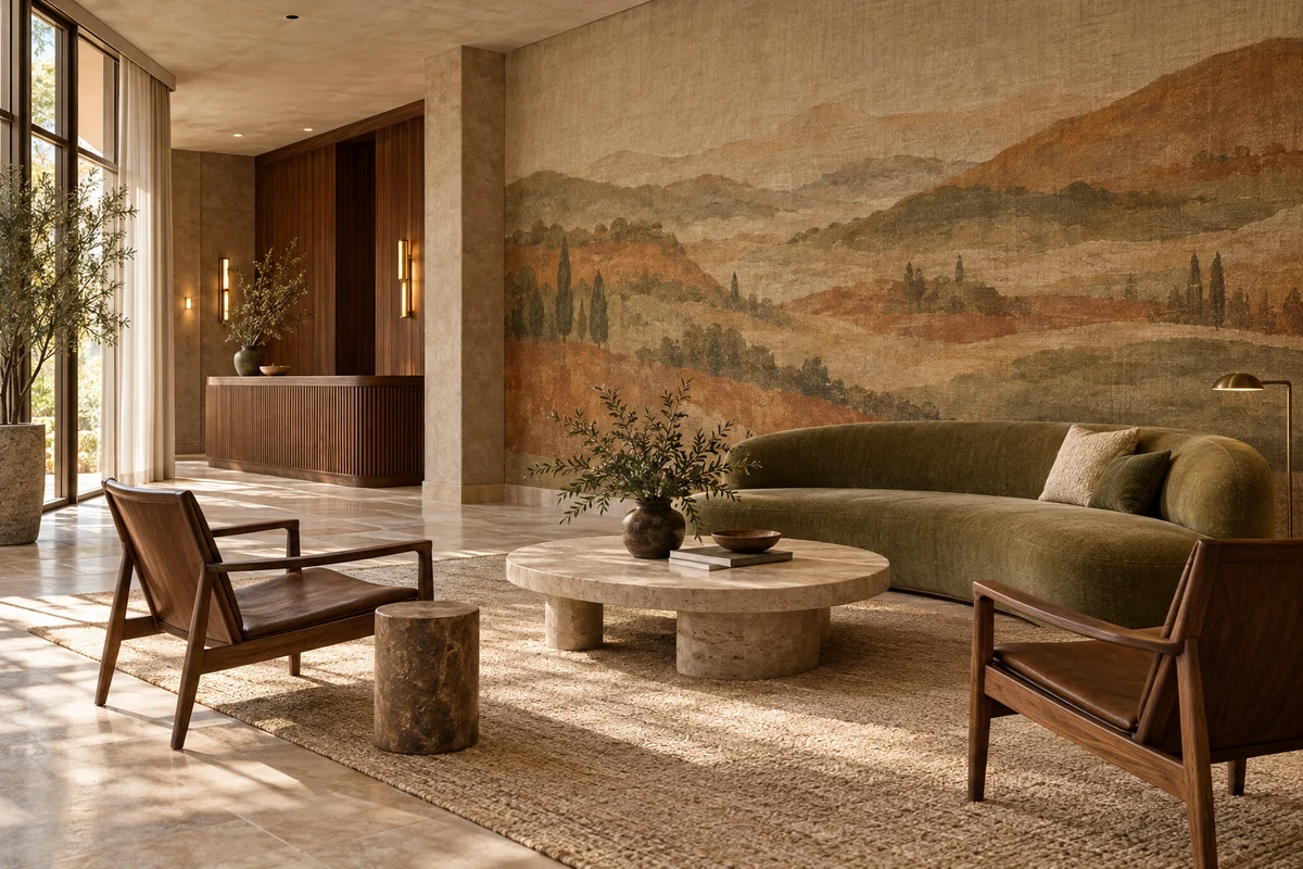 A hotel lounge with a landscape-pattern wallcovering, curved sofa and reception area.