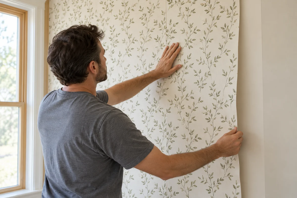A person positioning leafy wallpaper beside a window.