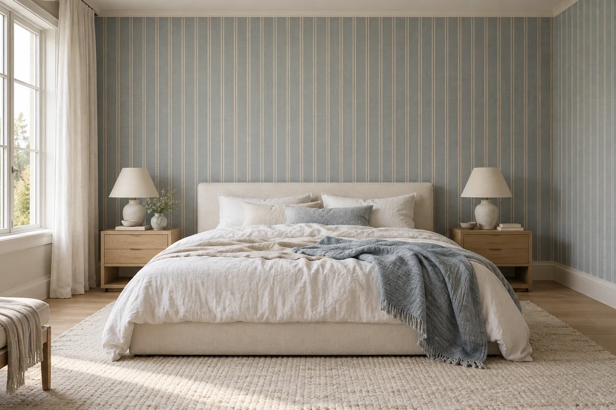 A bedroom with pale blue striped wallpaper behind a cream upholstered bed.
