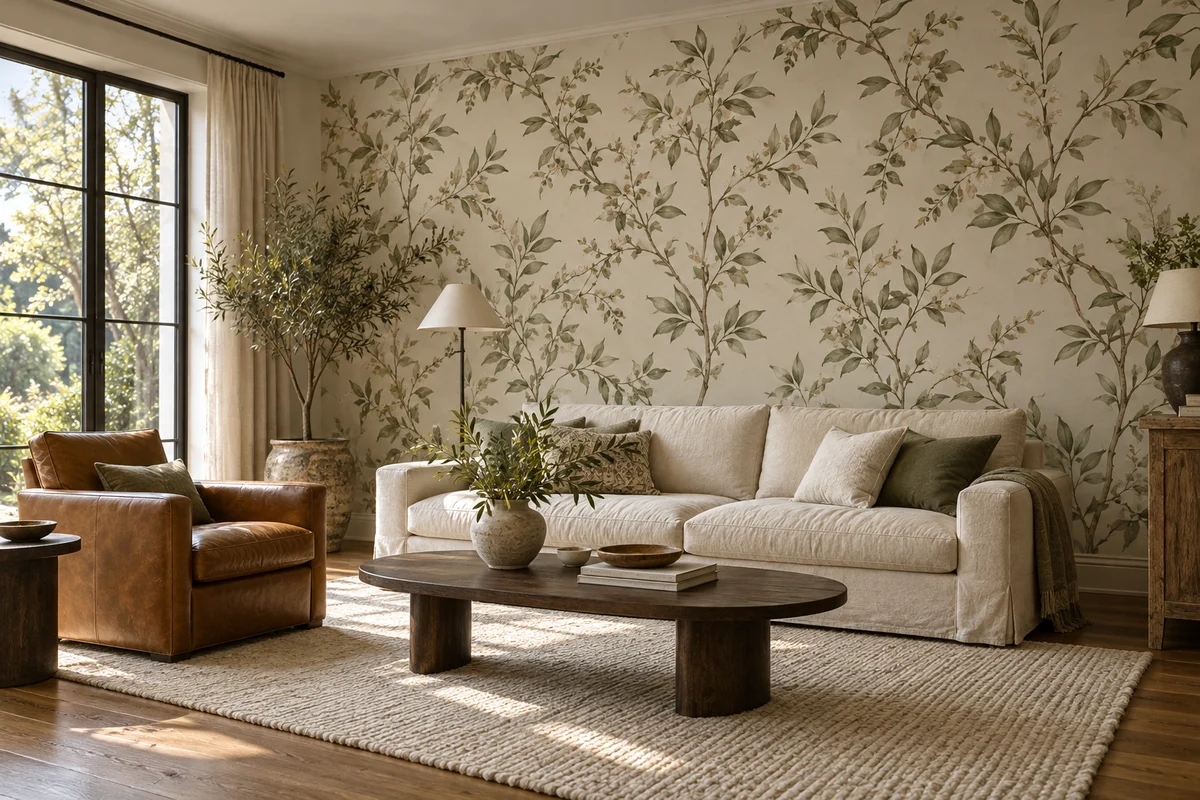 A living room with leafy wallpaper behind a cream sofa and a dark wood coffee table.