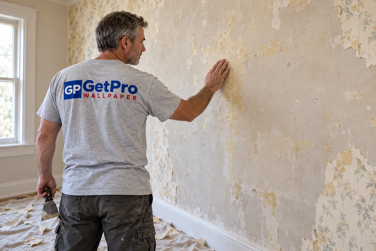 A person in a GetPro Wallpaper shirt examining backing and residue on a wall after wallpaper removal.
