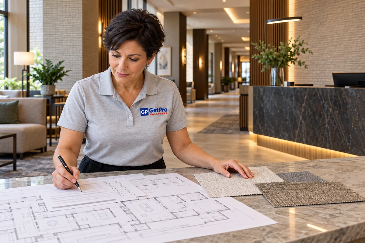 A person reviewing wall elevations and textured wallcovering samples at a table in a hotel-style lobby.