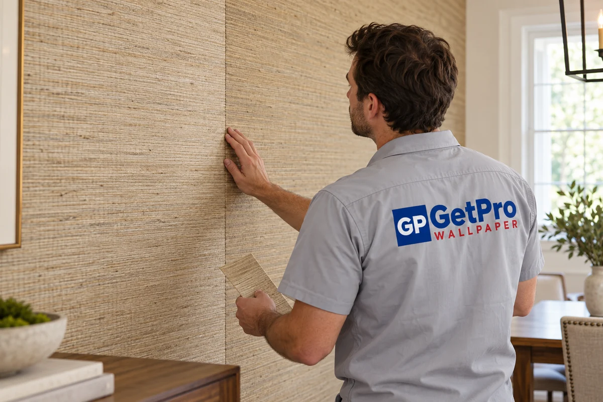 A person in a GetPro Wallpaper shirt comparing a grasscloth sample beside a visible join in woven wallcovering.